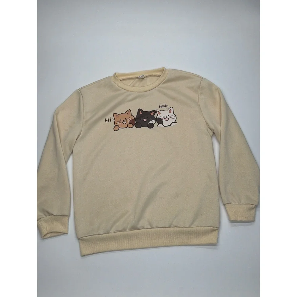 Kids Cream Cartoon Cat Graphic Sweatshirt Long Sleeve Pullover Crewneck 10Y‎
